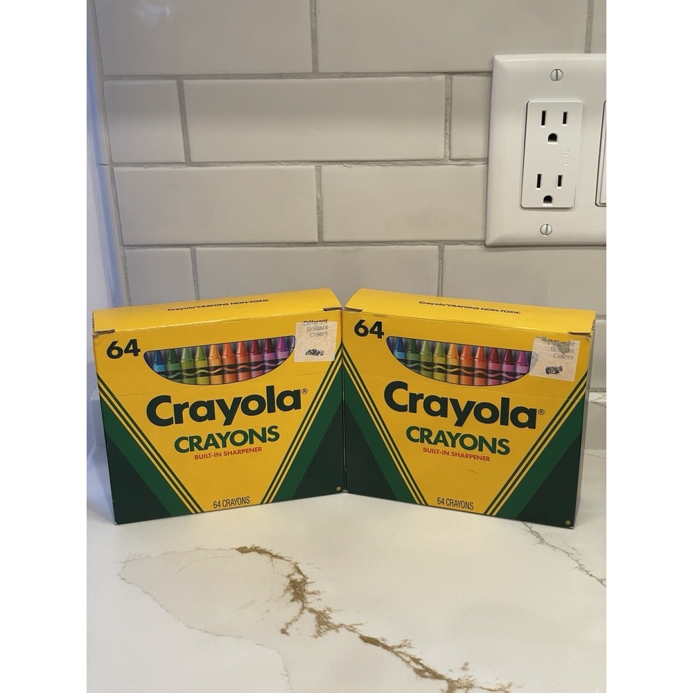 Lot 2 Vintage Binney & Smith Crayola Crayons 64 Count Built In Sharpener 90s New
